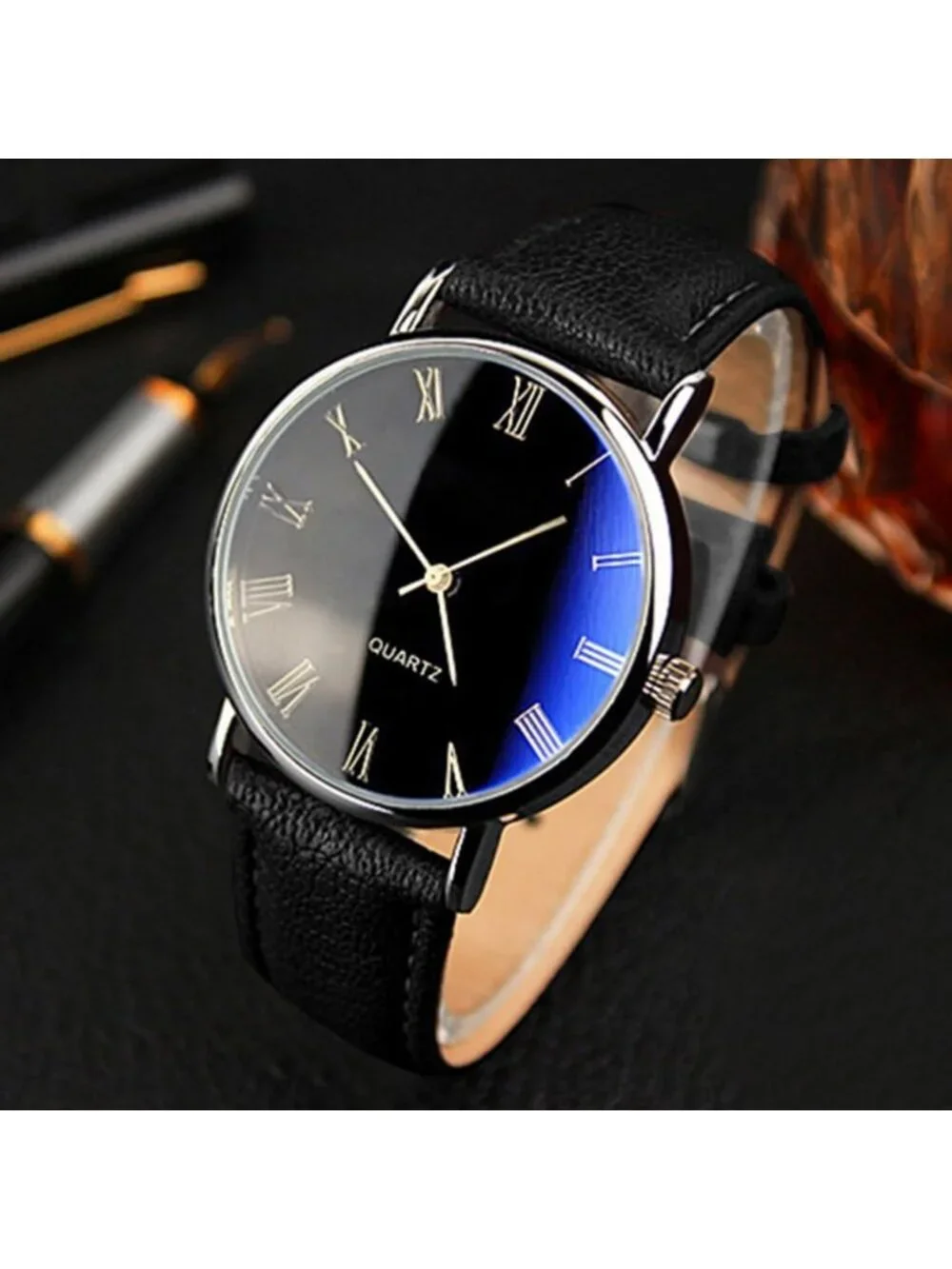 Men's Black Analog Quartz Simple Solid Leather Band Casual Classic Wrist Watch